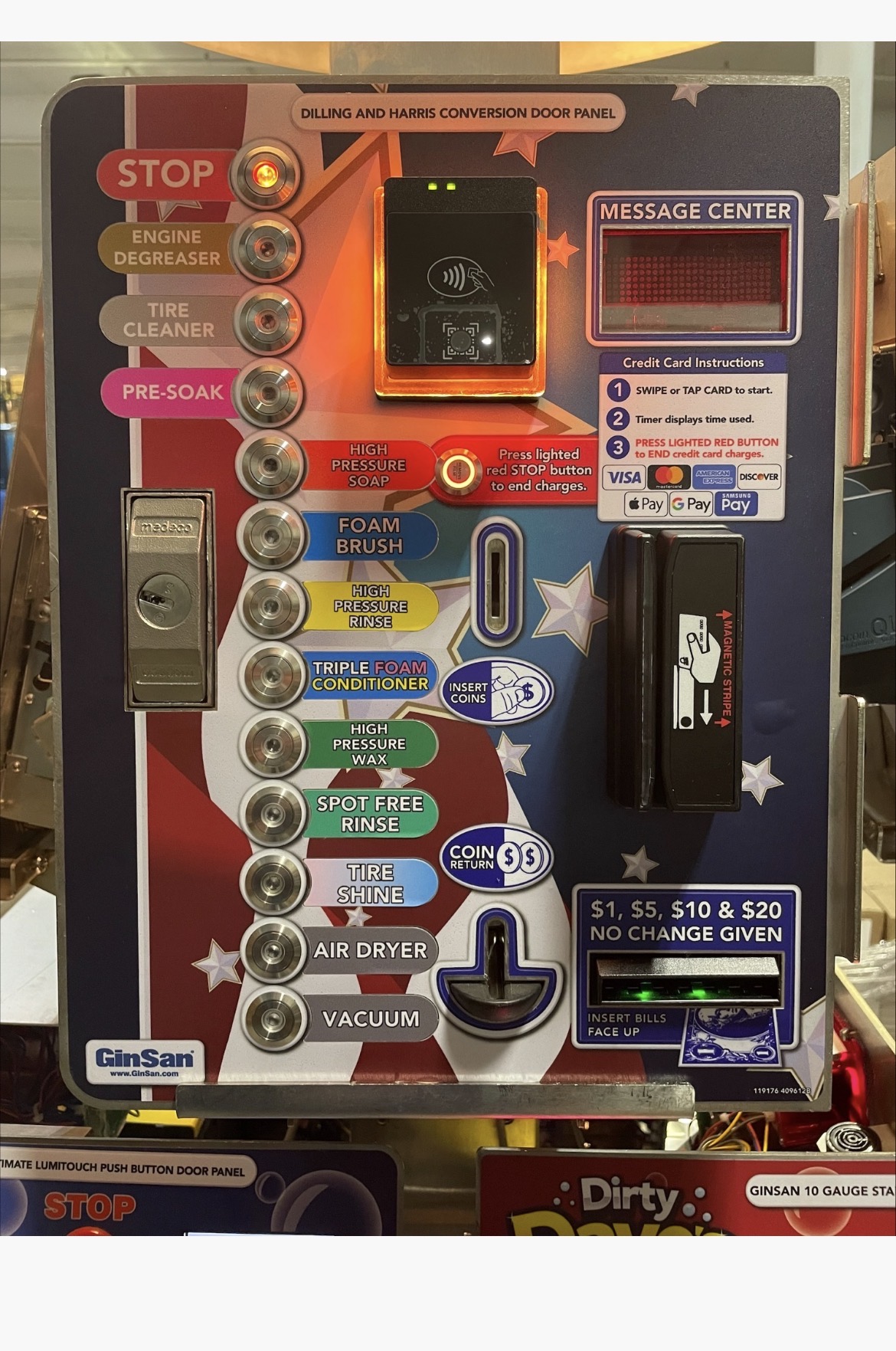 Self-serve carwash conversion door panel with payment controls and wash settings