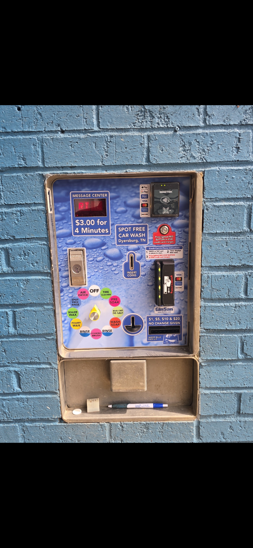 Spot Free Car Wash wall-mounted payment and selector panel